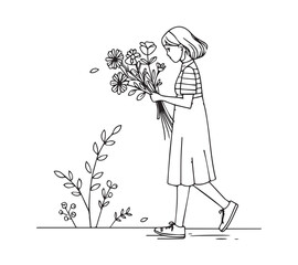 Girl standing and picked flowers a one line art drawing style black linear sketch isolated on transparency