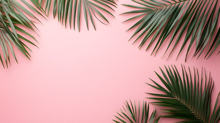 A tropical palm leaf against a pink background, captured from a flat lay top view.