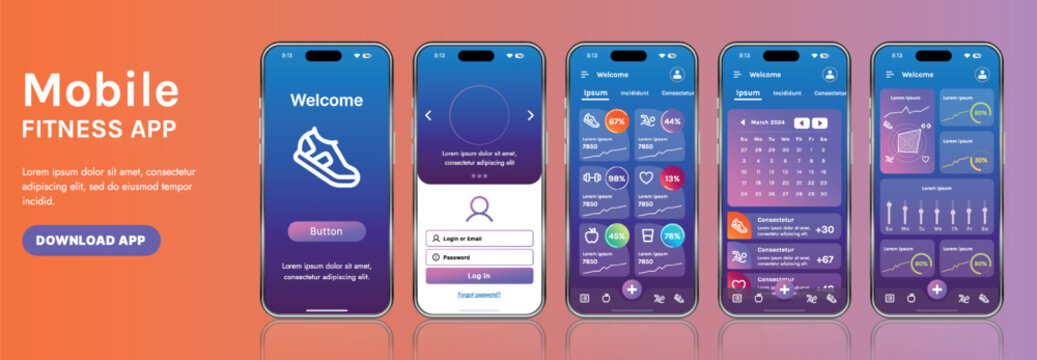 A sleek fitness app interface template featuring responsive design elements, including dashboards, charts, and statistics. Perfect for tracking health, weekly progress, and sports activities