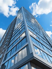 Fototapeta premium Modern skyscraper reflects bright sunlight against blue sky. AI Generated