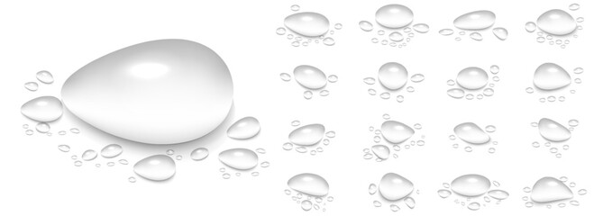 Rain Water Drops on Glass: Realistic 3D Vector Illustration of Smooth Surface with Transparent Liquid Bubbles. Wet Background with Scattered Raindrop Splash and Spray Effects