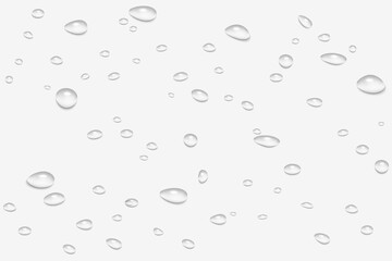 Rain Water Drops on Glass: Realistic 3D Vector Illustration of Smooth Surface with Transparent Liquid Bubbles. Wet Background with Scattered Raindrop Splash and Spray Effects