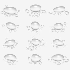 Rain Water Drops on Glass: Realistic 3D Vector Illustration of Smooth Surface with Transparent Liquid Bubbles. Wet Background with Scattered Raindrop Splash and Spray Effects