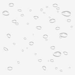 Rain Water Drops on Glass: Realistic 3D Vector Illustration of Smooth Surface with Transparent Liquid Bubbles. Wet Background with Scattered Raindrop Splash and Spray Effects