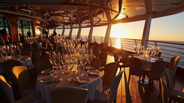 As sun began to set on a balmy summer evening, casting a warm golden glow over deck of luxury cruise ship