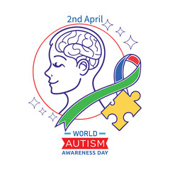 World Autism Awareness Day Concept With Ribbon In Puzzle Pieces Symbol Of Autism Flat Illustration