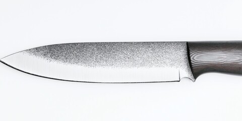 Close-up view of knife on plain white surface. Sharp blade, handle clearly visible. Image suggests crime scene thriller theme. Potential uses include forensic investigation mystery plots. Knife tool