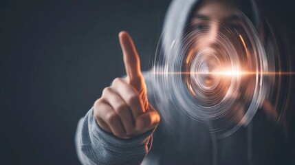 A person is pointing at a glowing circle with a finger. Concept of excitement and curiosity, as if the person is trying to explore or understand the mysterious object