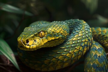 Atheris nitschei, the vibrant attacking snake in its natural tropical habitat, showcasing its striking green and yellow scales as it prepares to strike at sunset