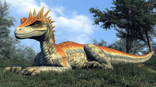 Colorful Dinosaur Relaxing in a Serene Forest Clearing Surrounded by Lush Greenery