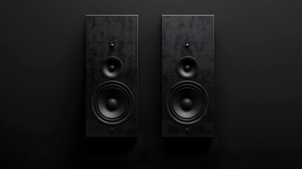 Fototapeta premium Two sound speakers with free space between them, set against a black background.