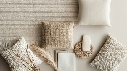 Textured Neutral Home Decor: A Serene Beige and Tan Pillow and Rug Arrangement