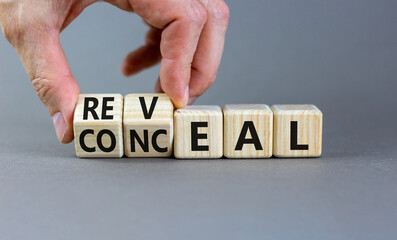 Reveal or conceal symbol. Businessman turns wooden cubes and changes word Conceal to Reveal....