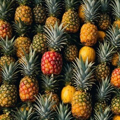 Pineapples stacked artistically in front of a vibrant tropical mural.
