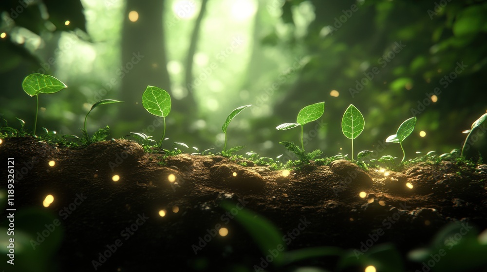 Wall mural Fresh Green Sprouts Emerging from Soil in a Lush Forest Environment