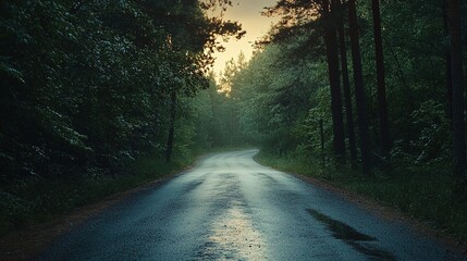 Naklejka premium Rainy Road Through Forest: A mysterious and atmospheric image of a winding road disappearing into a dense, rain-soaked forest at dusk. The scene is evocative of a journey.