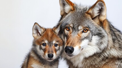 a close-up of a wolf and its pup
