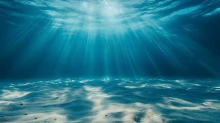 Fototapeta premium An underwater scene depicting deep blue sea and beautiful light rays over a sandy floor.