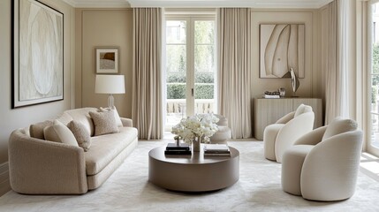 Serene Beige Living Room: Plush Sofa, Sculpted Armchairs, and Modern Art