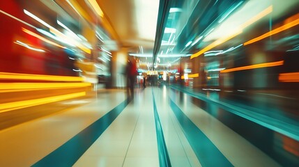 Motion Blur in Modern Mall: A dynamic and vibrant image capturing the motion blur of people moving on a moving walkway within a contemporary shopping mall.