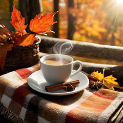 cup of coffee and autumn leaves