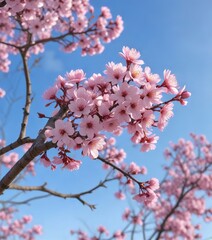 Soft pink blossoms on bare branches against a clear blue sky , blooming trees, residential neighborhood, peaceful atmosphere