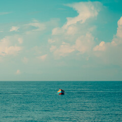 Amazing Seascape view. Magic energy of beautiful happy clouds. Vietnam tropical calm sea