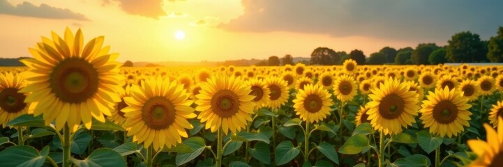 Sun-drenched sunflower field, long rays stretch across the scene , sunbeams, august, nature