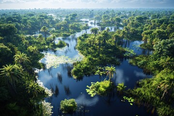 Obraz premium Aerial View of a Serene Tropical Wetland with Lush Vegetation and Reflective Waters