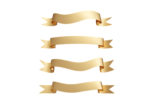 A series of five simple GOLD ribbon banners in a minimalist style. Classic and versatile, suitable for graphic design or decorative purposes. On an isolated background png file