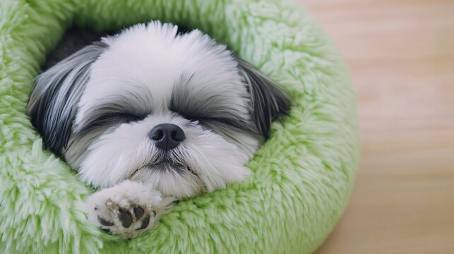 Adorable Shih Tzu Puppy Sleeping Peacefully in Green Fluffy Bed