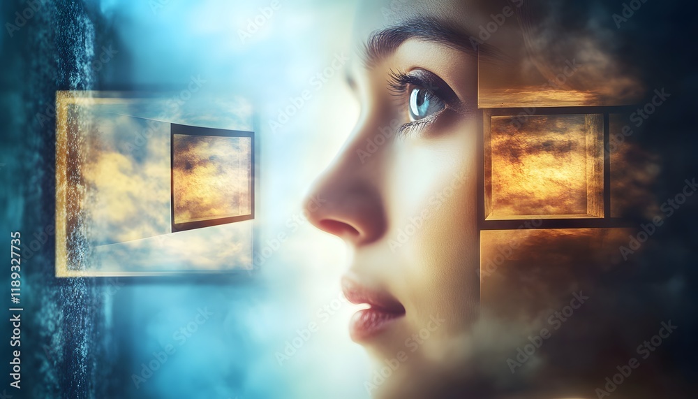 Poster surreal portrait of a young woman with open windows to a dreamlike landscape, blending reality and i