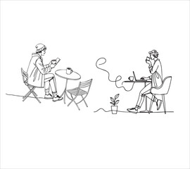 One line drawing office workers having a coffee icon break