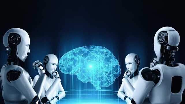 Thinking AI hominoid robot analyzing hologram screen showing concept of AI brain and artificial intelligence thinking by machine learning process. 3D rendering.