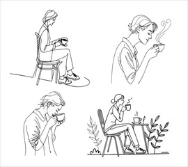 One line drawing office workers having a coffee icon break