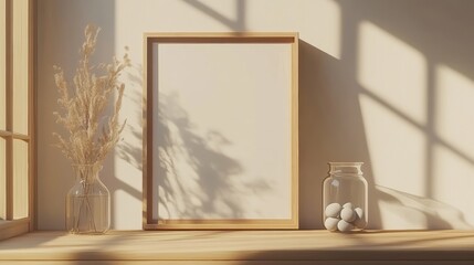 Minimalist Interior Scene with Framed Artwork and Natural Elements