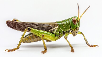 Fototapeta premium close-up of a green grasshopper against a white background