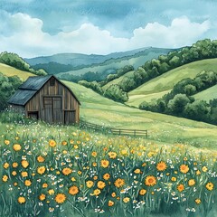 Whimsical Watercolor Cozy Serene Countryside Scene Whimsical watercolor of a serene countryside scene Cozy rural landscape in soft watercolor tones Hand-painted countryside with a tranquil vibe