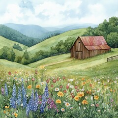Whimsical Watercolor Cozy Serene Countryside Scene Whimsical watercolor of a serene countryside scene Cozy rural landscape in soft watercolor tones Hand-painted countryside with a tranquil vibe