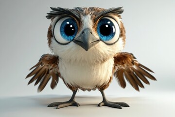 close up of a cartoon owl with big blue eyes
