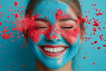 Vibrant colors burst as a smiling person joyfully smears powder on their face during a playful celebration
