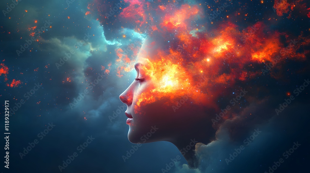 Poster Ethereal Dreamscape of Cosmic Colors and Celestial Patterns with a Silhouette of a Contemplative Person Amidst a Mystical Starry Background
