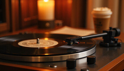 Vinyl record player with candle and coffee cup in cozy setting