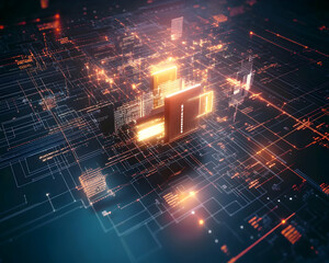 Obraz premium Futuristic city digital network, glowing nodes, data flow, abstract background, tech illustration