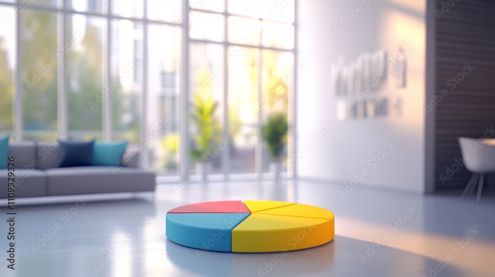 Poster A D pie chart with a smooth finish, showcasing colorful segments representing customer demographics, displayed against a soft-focus office backdrop for context.