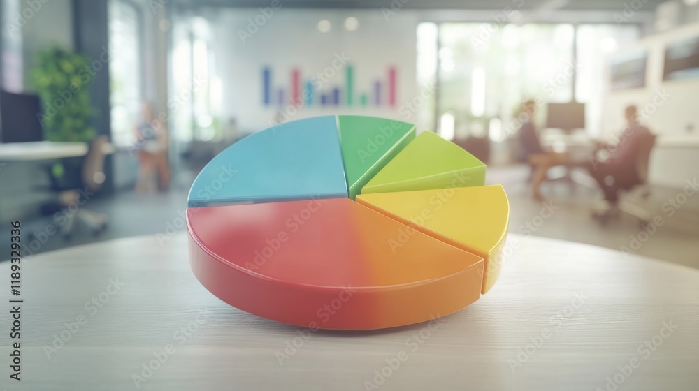 Poster A D pie chart with a smooth finish, showcasing colorful segments representing customer demographics, displayed against a soft-focus office backdrop for context.