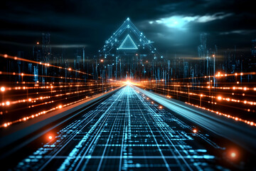 Futuristic city highway at night, digital data flows, glowing lines, dark sky.  Use Technology concept illustration