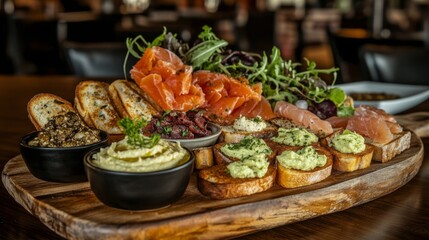 Obraz premium A beautifully arranged platter of various toasted bread slices with different toppings, such as hummus, smoked salmon, and avocado, set on a rustic wooden board.