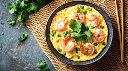 A beautifully composed flat lay of a steamed egg dish topped with shrimp and garnished with cilantro, served on a bamboo mat with chopsticks placed beside it.