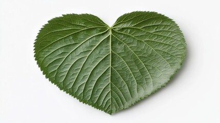 Obraz premium Heart-Shaped Green Leaf on a White Background Showing Nature's Beauty